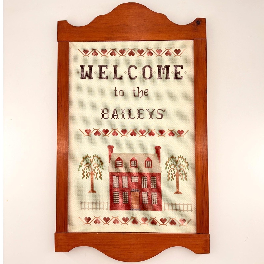Vintage Framed Cross Stitch Sampler Primitive Farmhouse Cottagecore Wall Decor